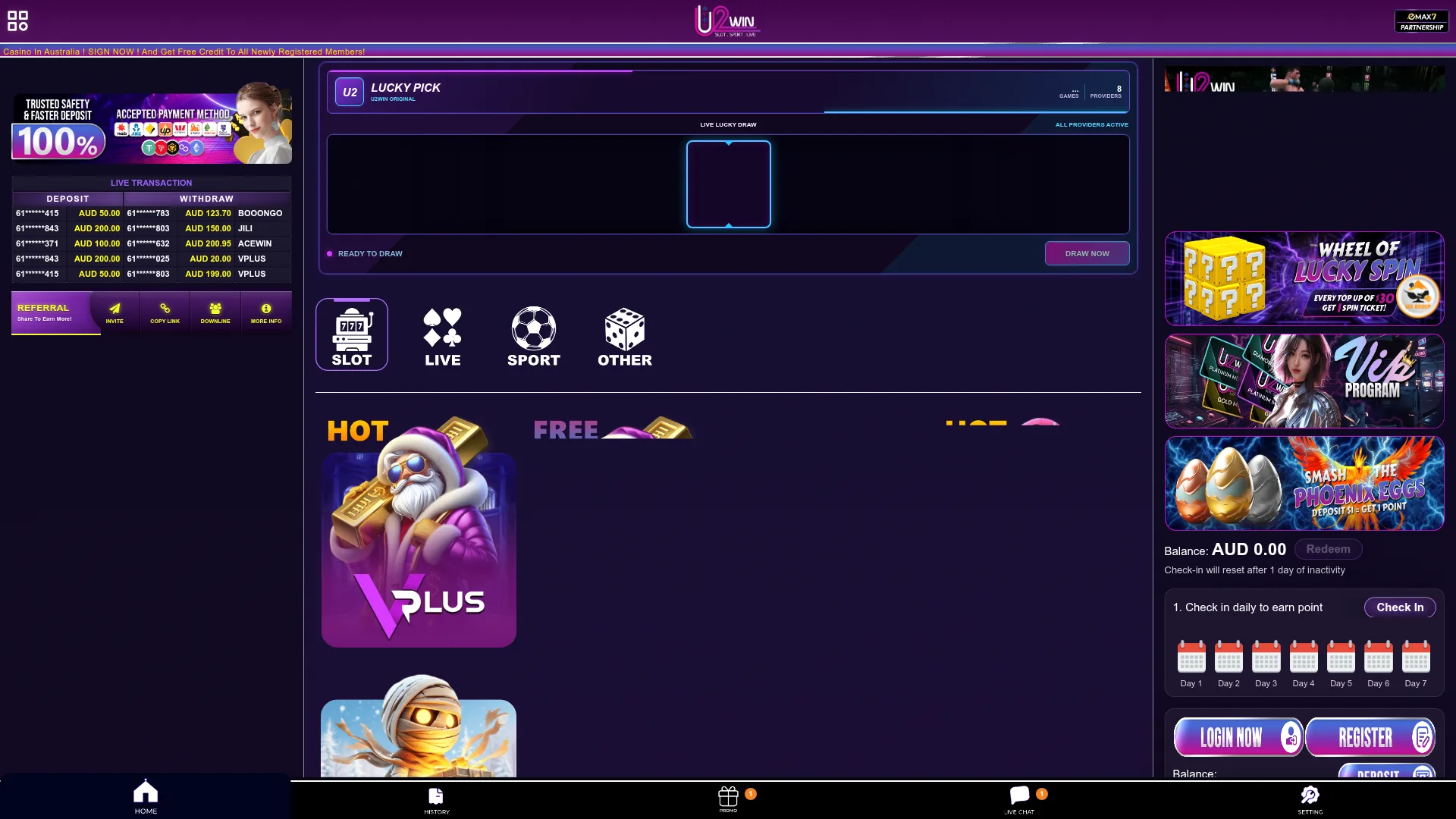 U2win Casino desktop account and payment interface