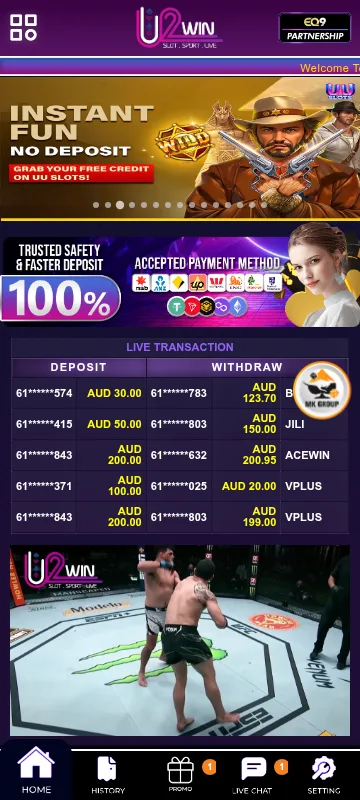 U2win Casino mobile browser interface with account navigation